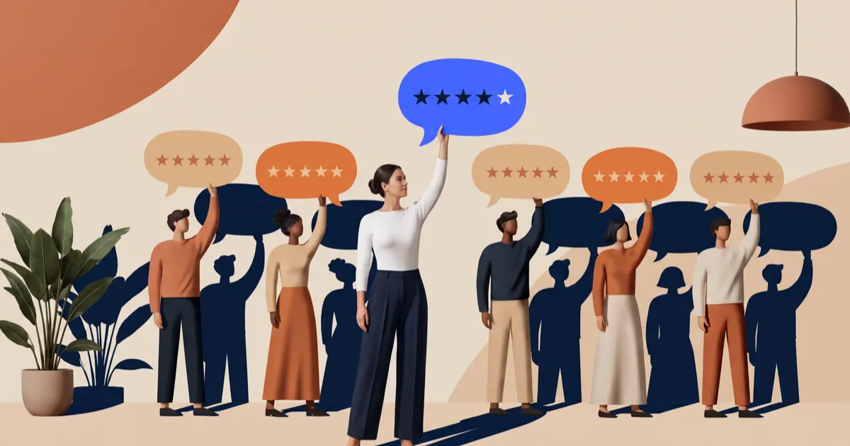 Illustration of customers holding speech bubbles with stars, showing how testimonials increase conversions