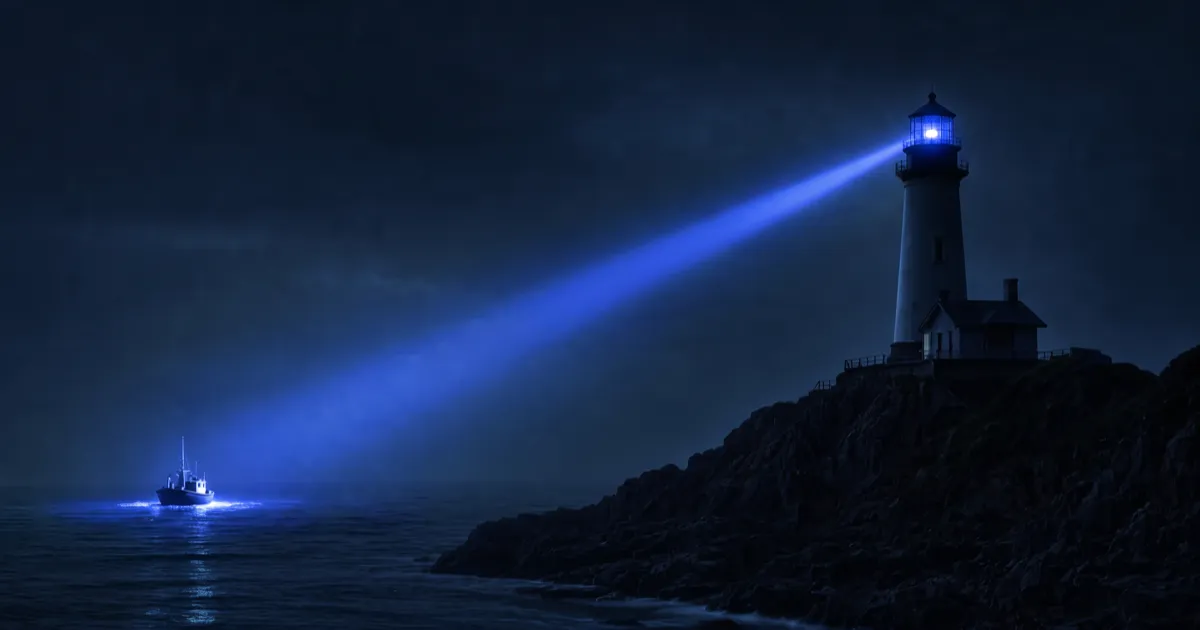 A lighthouse beam finding a small boat at night, a metaphor for being visible to AI search