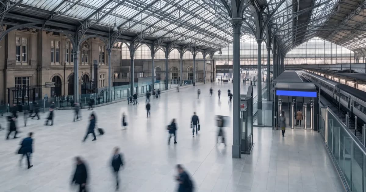 A station concourse beside a single platform gate, comparing a homepage with a focused landing page for ads