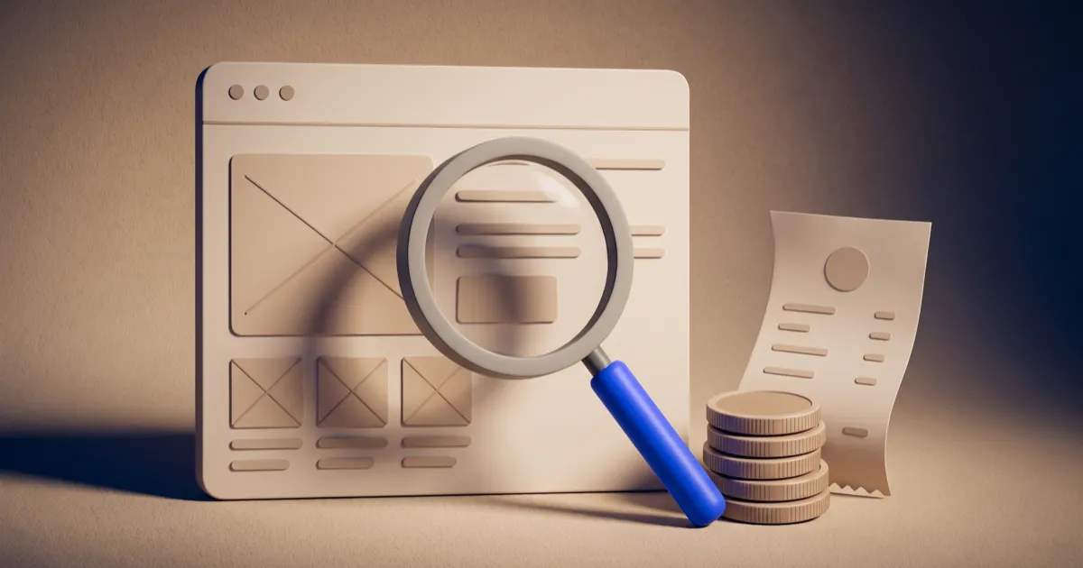 Illustration of a magnifying glass over a website beside coins, representing website audit cost in the UK