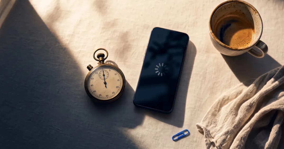 A stopwatch beside a phone showing a loading spinner, illustrating why a website is slow