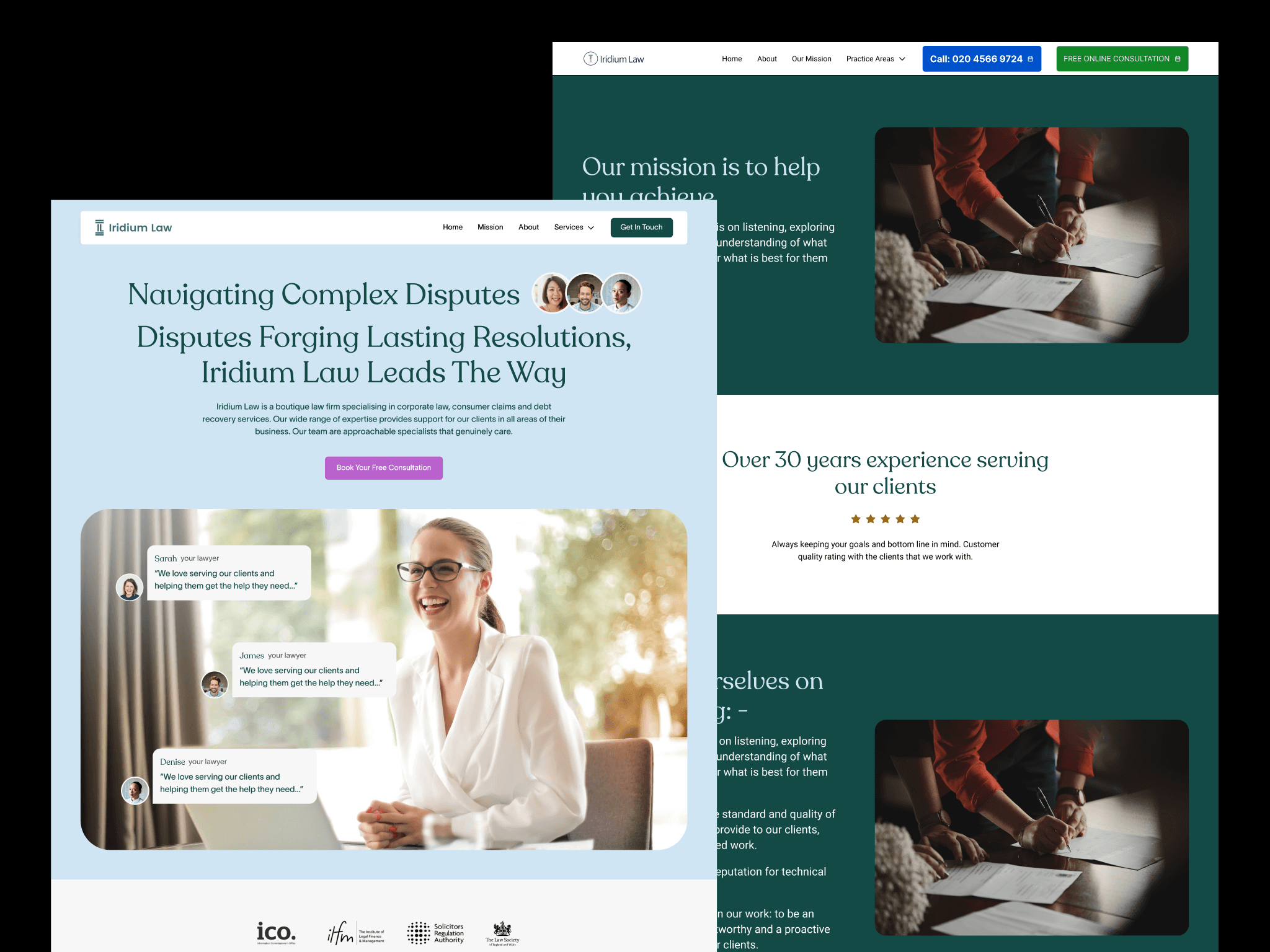 Iridium Law website redesign shown across two page layouts