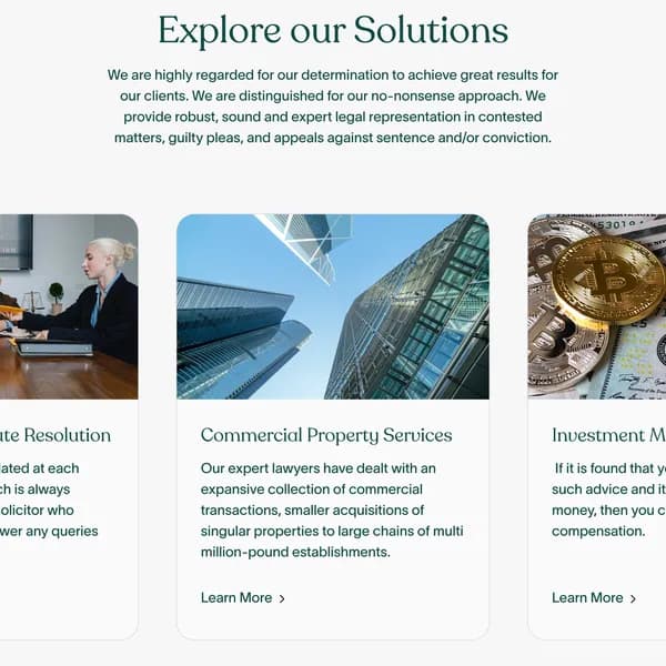 Practice area cards on a law firm Webflow website, each with a photo and a short summary