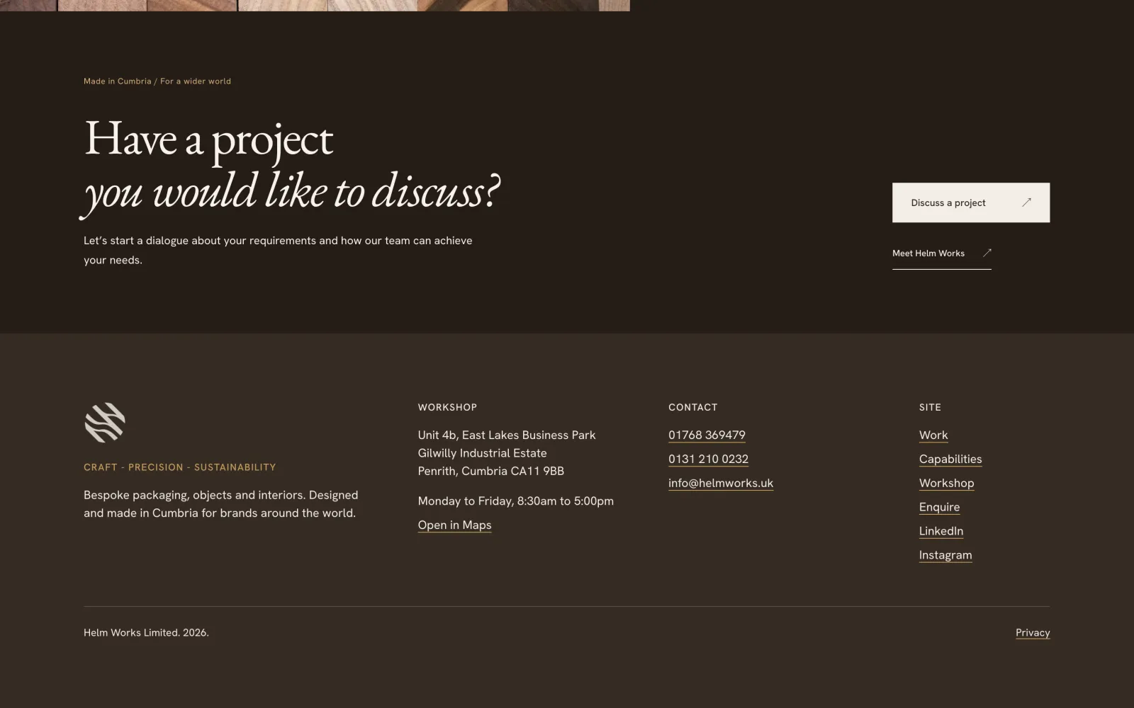 Helm Works enquiry section and footer with workshop address and contact details