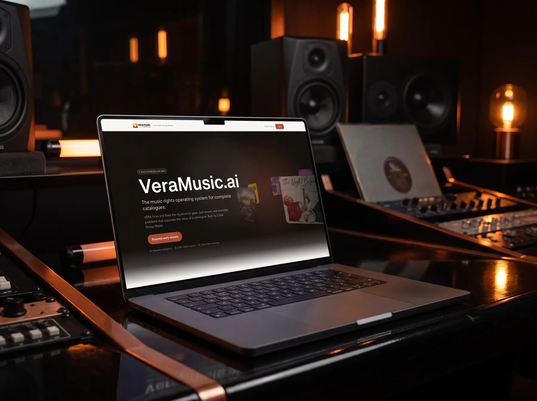 VERA music rights platform on a MacBook Pro on a recording studio desk