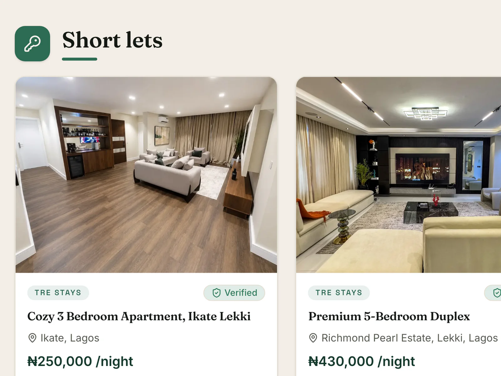 Thorpe Real Estate short-let listing card with a TRE Stays label, a verified badge and a nightly price