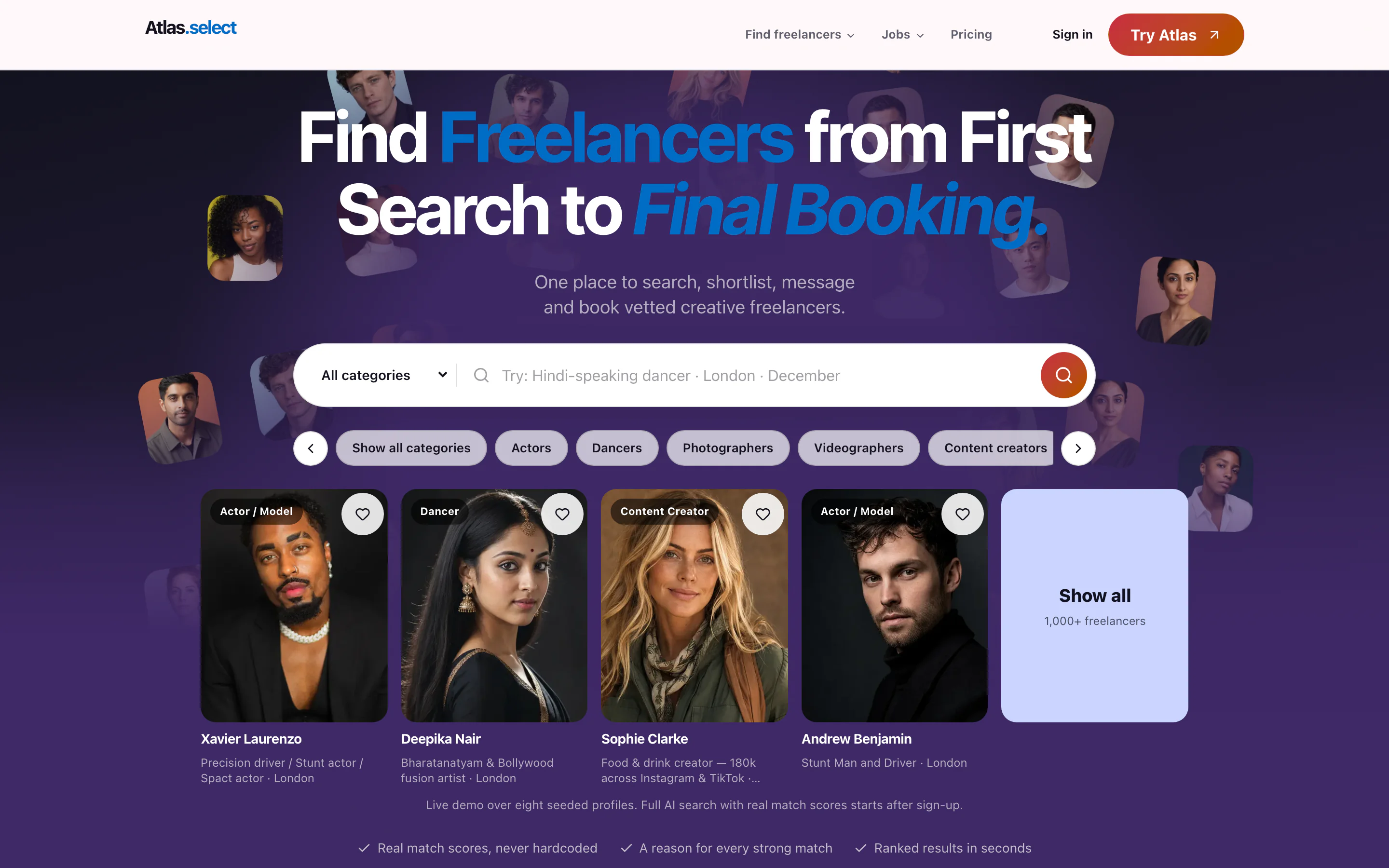 Atlas homepage with the headline Find freelancers from first search to final booking, a plain-language search bar, category filters and featured freelancer cards