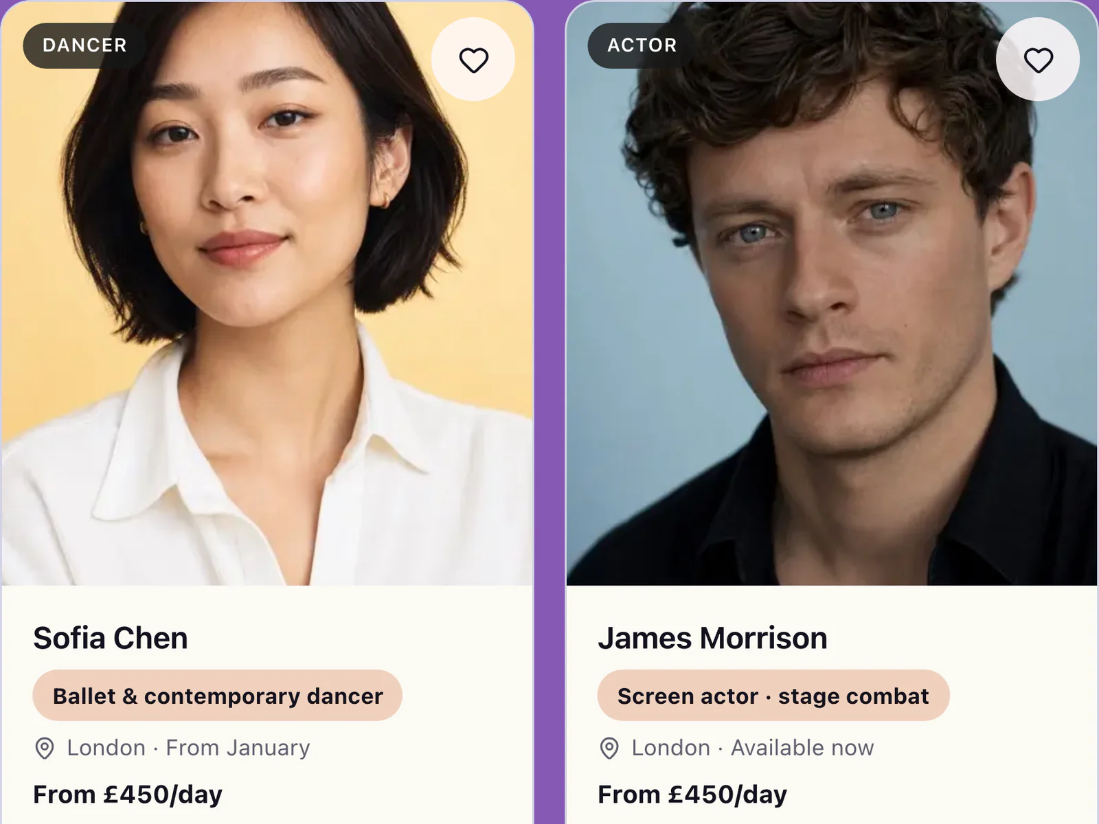 Atlas featured freelancer cards showing category, location, availability and day rate