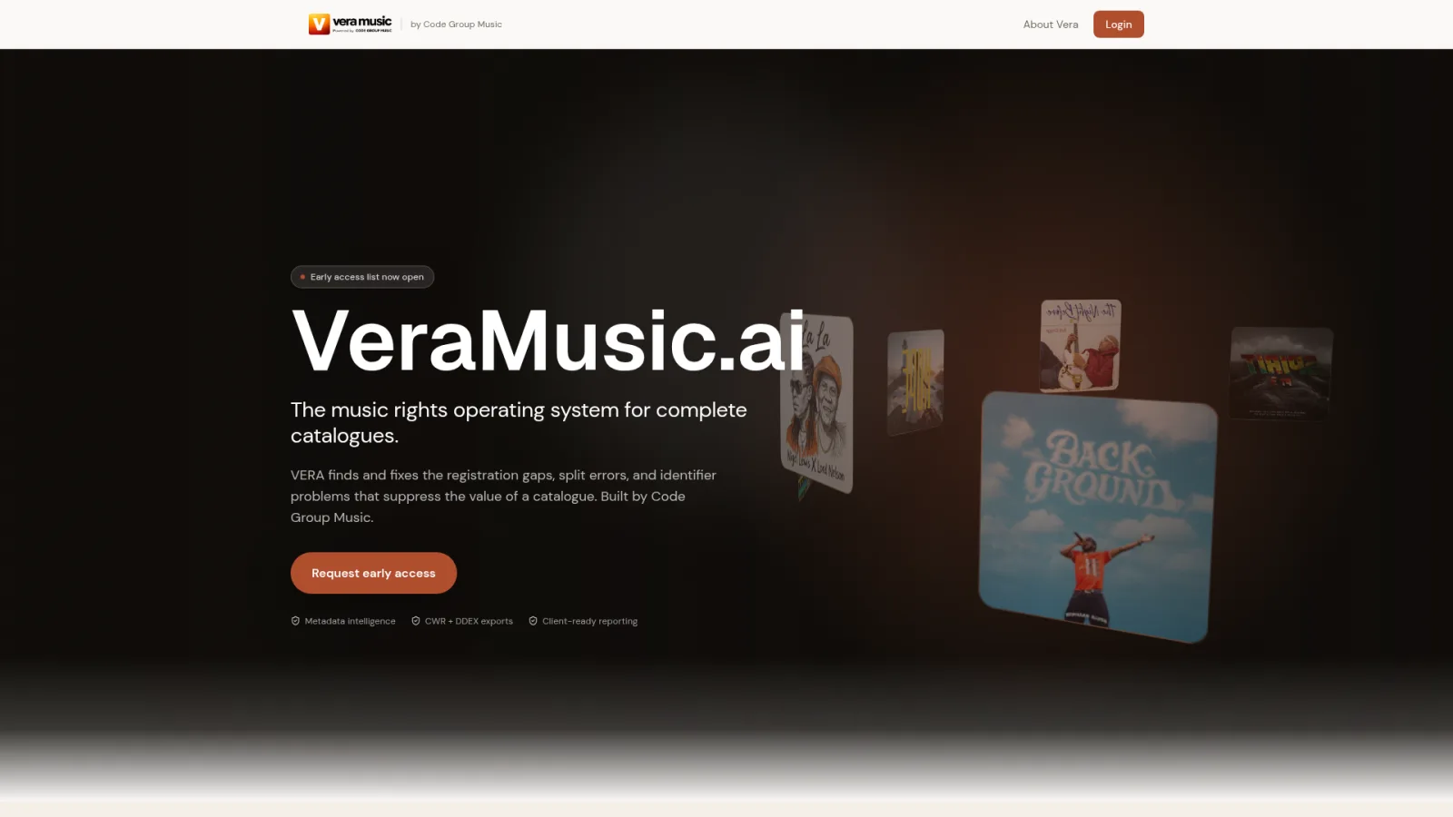VERA homepage with product positioning, early-access call to action and music catalogue artwork